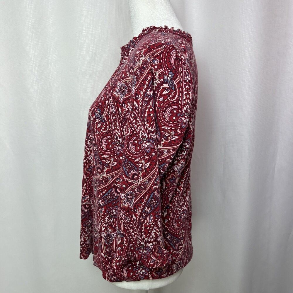 Lands End Women’s Top Size Small Red Paisley Ruffle Neck Sleeves Button Up - Picture 6 of 11